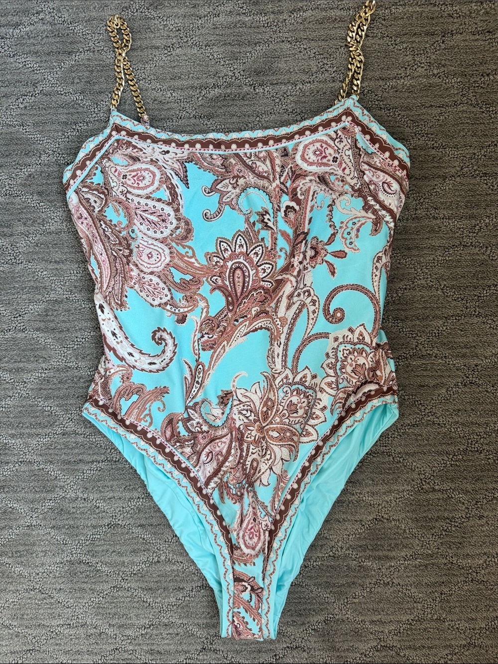 L'AGENCE Turquoise and Brown Paisley One-Piece with Gold Chain Straps